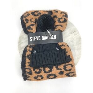 Steve Madden Hat & Scarf Set Leopard Print Knit Beanie Winter Women